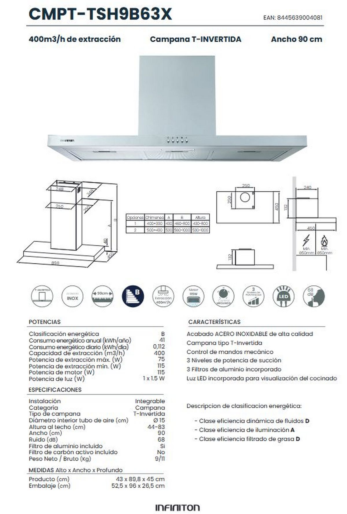 Diagramma di una cappa da cucina a forma di T invertita. Ha dimensioni e specifiche tecniche elencate.