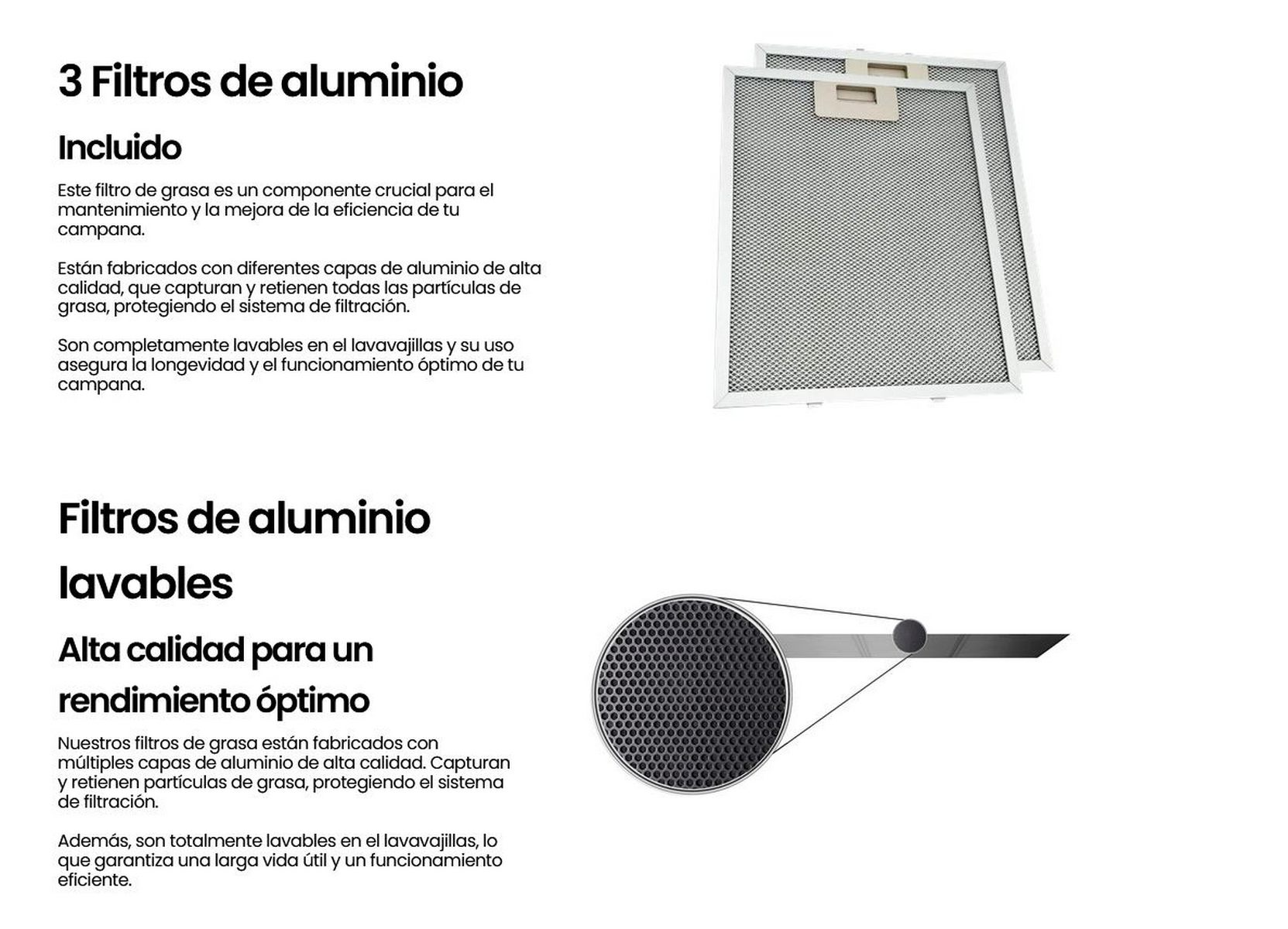 Diagramma con testo sui filtri in alluminio. Primo piano mostra la maglia del filtro e un riquadro di testo.