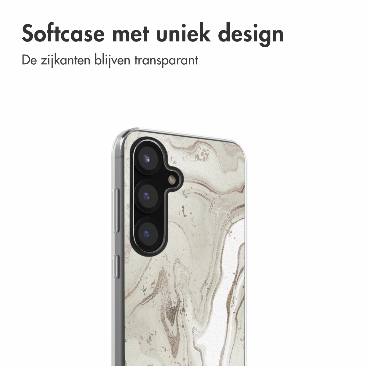 Transparante telefoonhoes met marmer design. De achtergrond is wit.