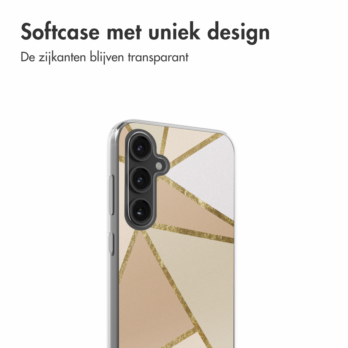 Een telefoonhoesje met een geometrisch ontwerp, dat de camera van de telefoon toont.