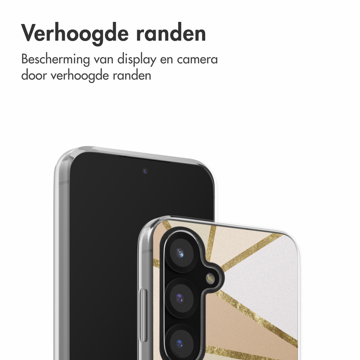 Twee telefoons, één met een doorzichtige hoes, geometrisch ontwerp, en de andere zwart.