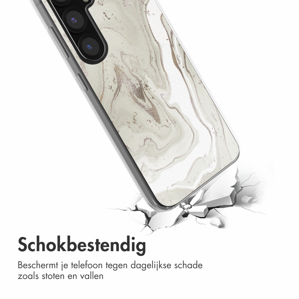 Telefoonhoesje met marmerdesign op een gebarsten oppervlak.