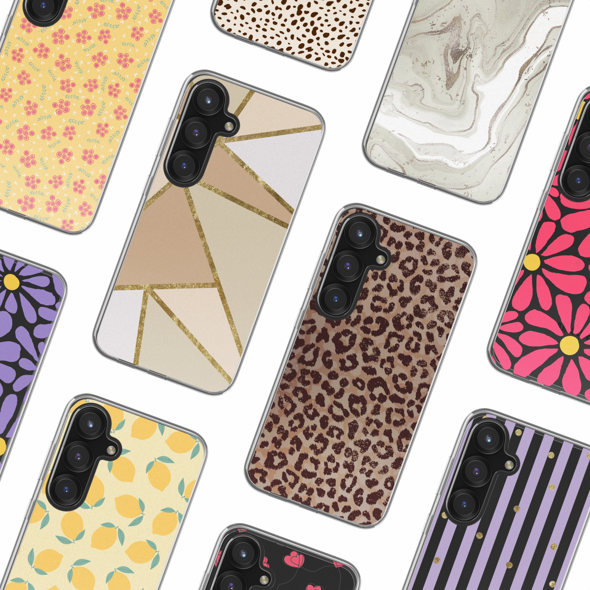Een telefoon met een hoesje. De hoes heeft een geometrisch ontwerp en bedekt de randen van de telefoon.