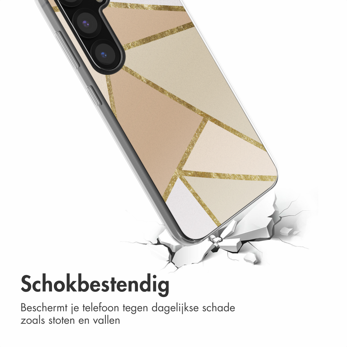 Een telefoonhoesje met een geometrisch ontwerp, dat de grond breekt en bescherming toont.