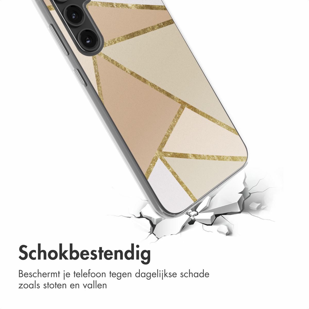 Telefoonhoesje met geometrisch beige en goud design, schuin, gebarsten grond.