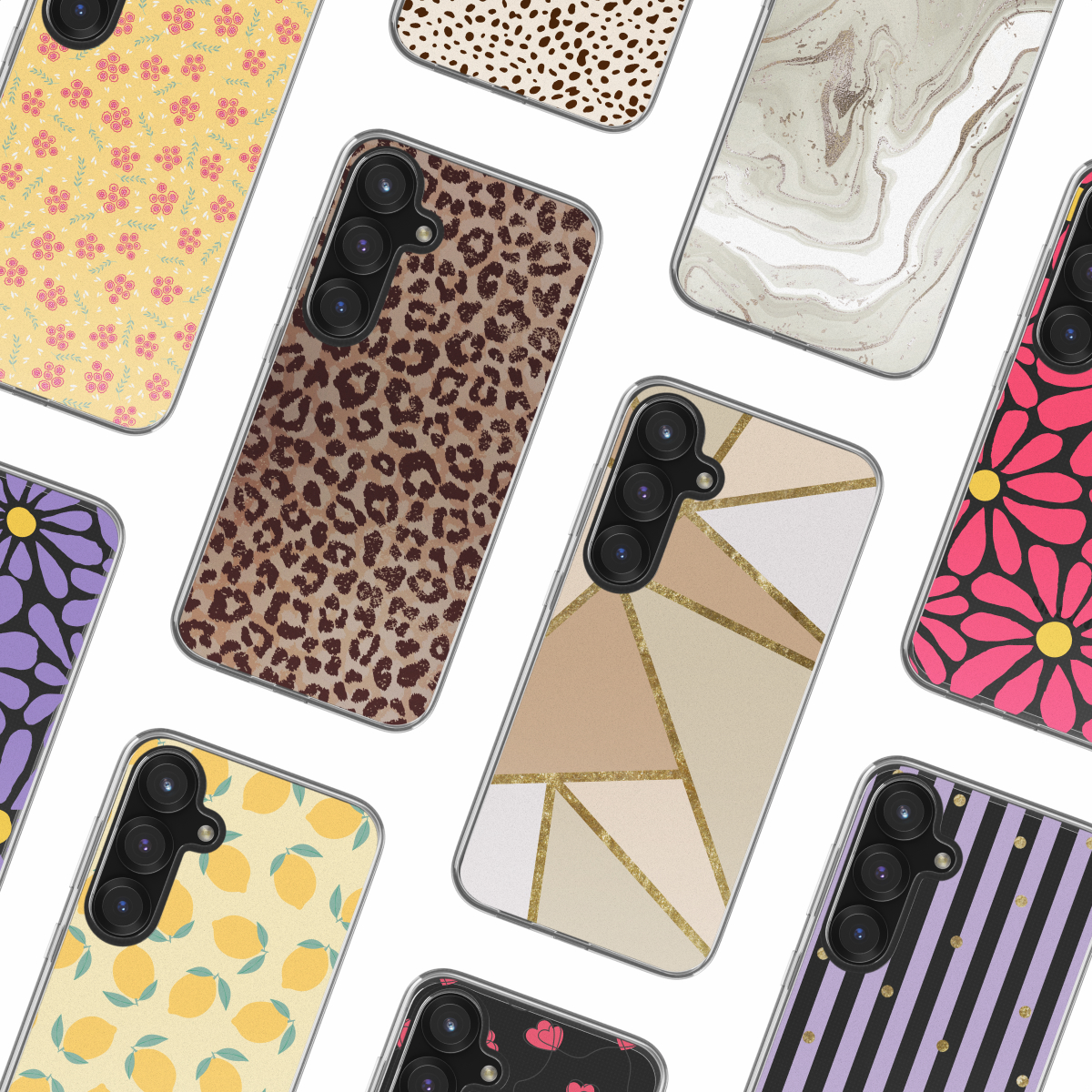 Veel telefoonhoesjes met verschillende patronen, waaronder bloemen-, luipaard- en geometrische ontwerpen.