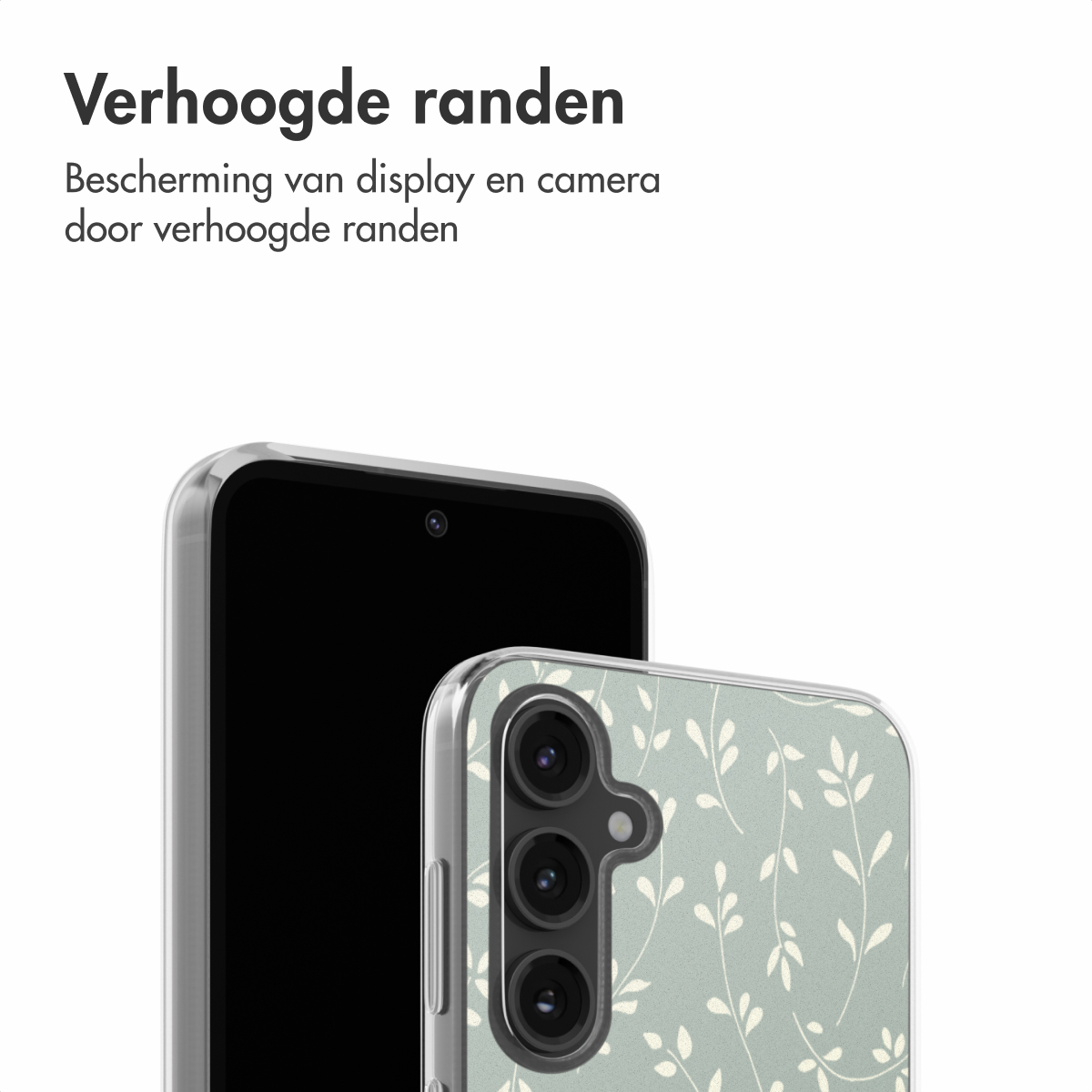 Telefoon en hoesje. Hoesje heeft lichtgroene achtergrond met witte bladeren. Telefoon is zwart.