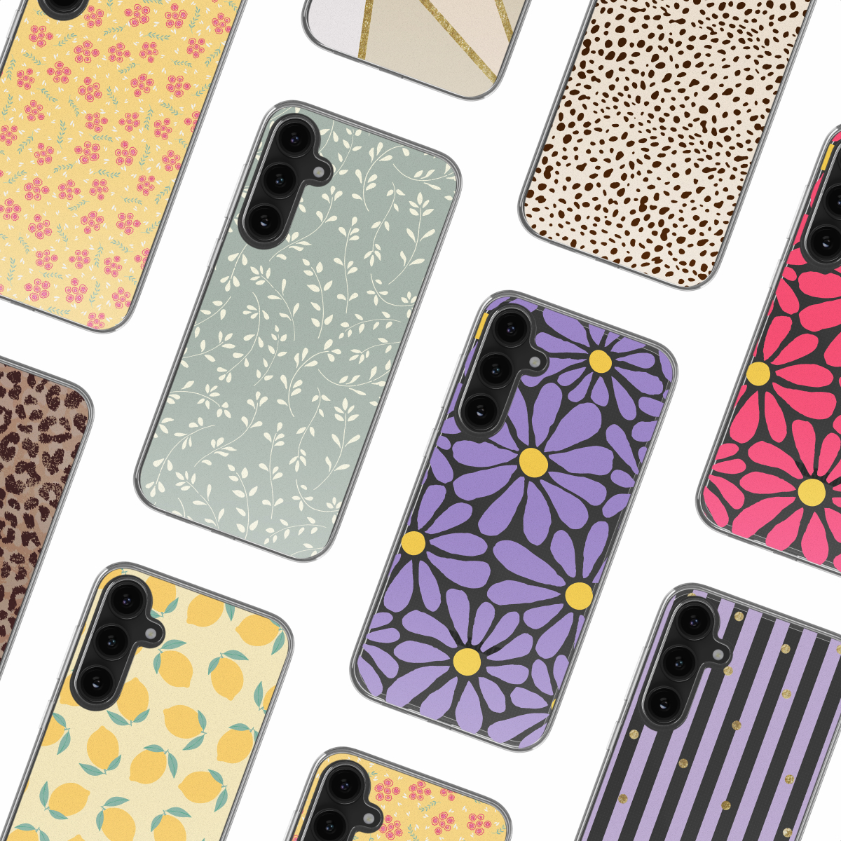 Negen telefoonhoesjes met verschillende patronen, gerangschikt op een wit oppervlak.