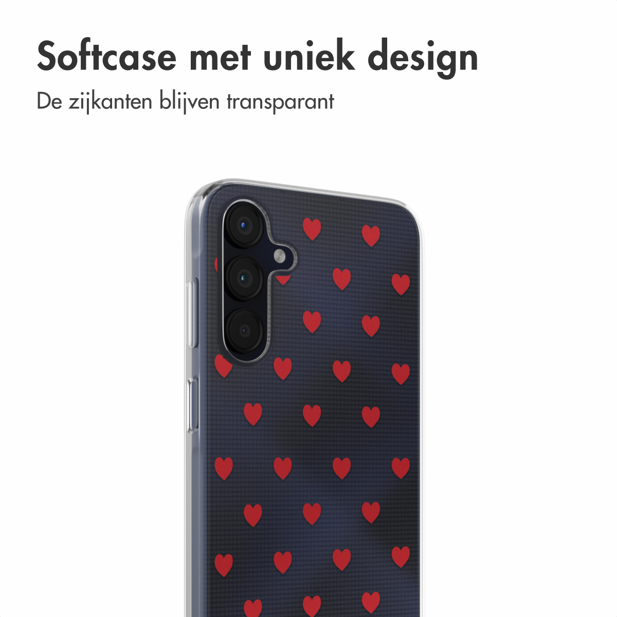 Coque transparente avec coeurs rouges. Fond sombre. Texte: Softcase met uniek design