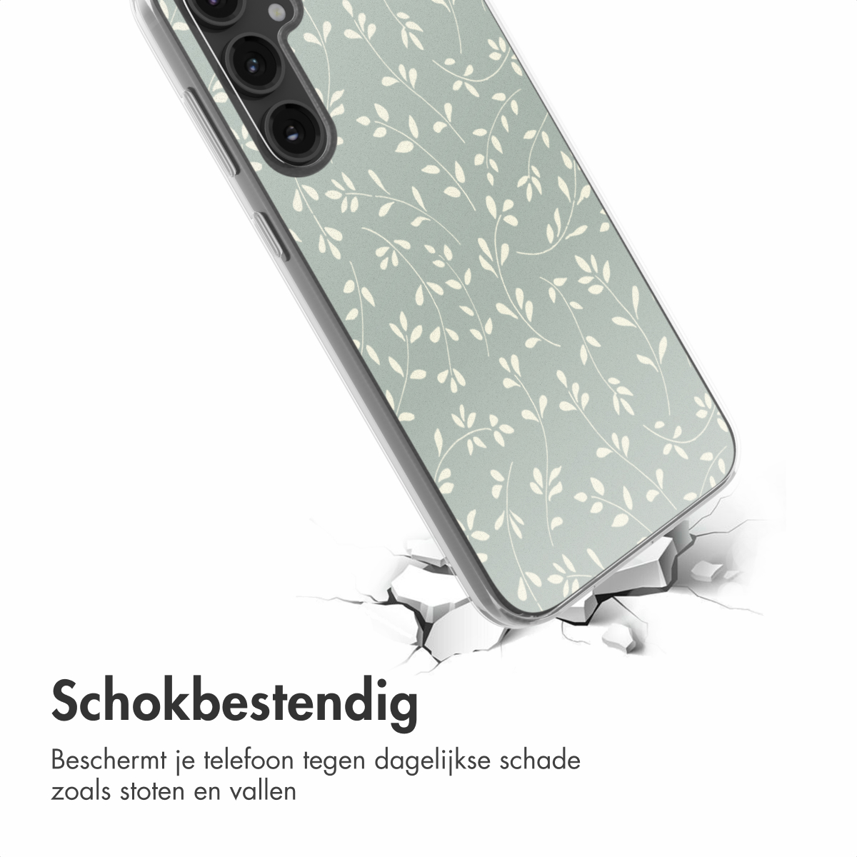 Een telefoonhoesje met een geometrisch patroon in beige, goud en wit, transparante randen.