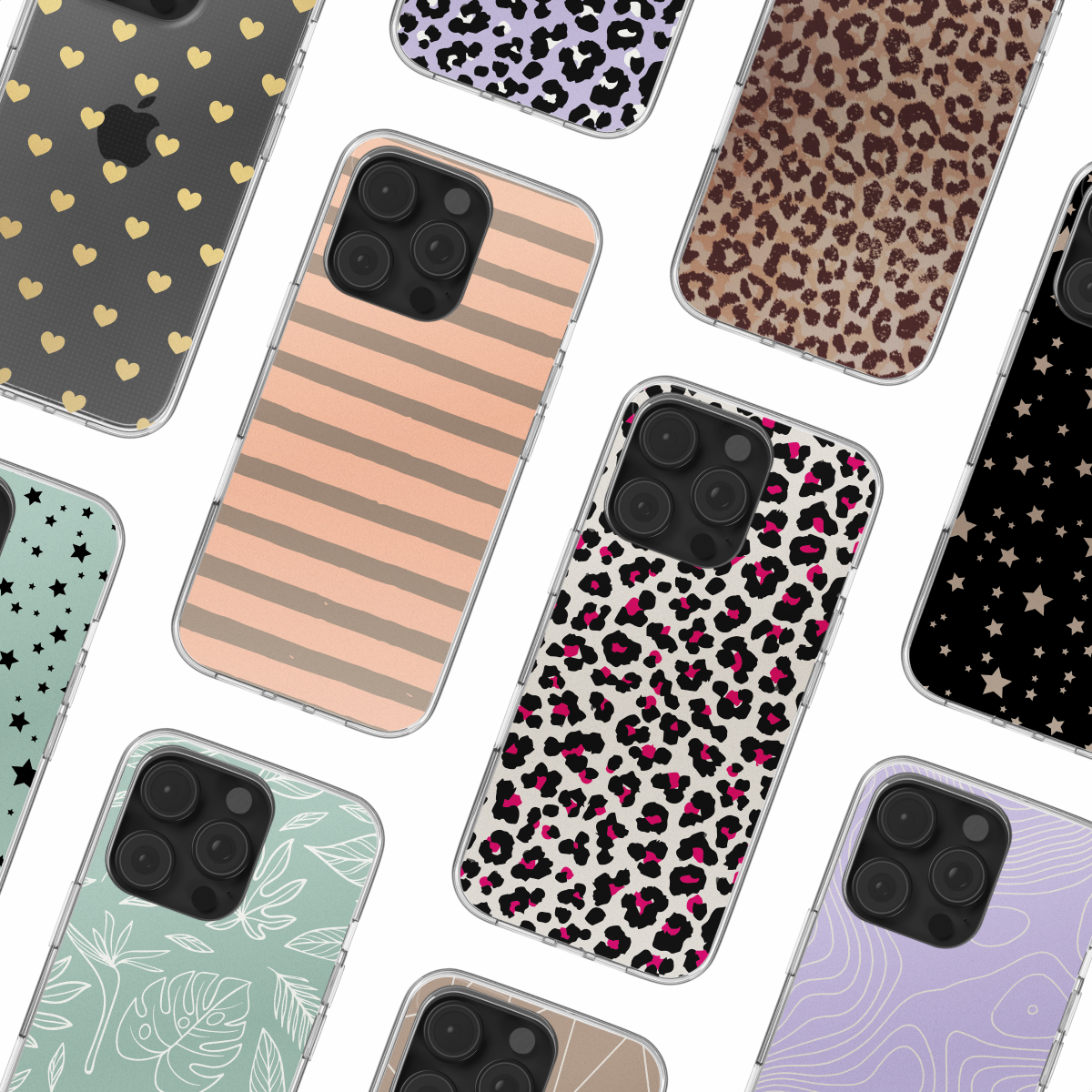 Een verzameling telefoonhoesjes met verschillende patronen. Patronen omvatten harten, strepen en dierenprints.
