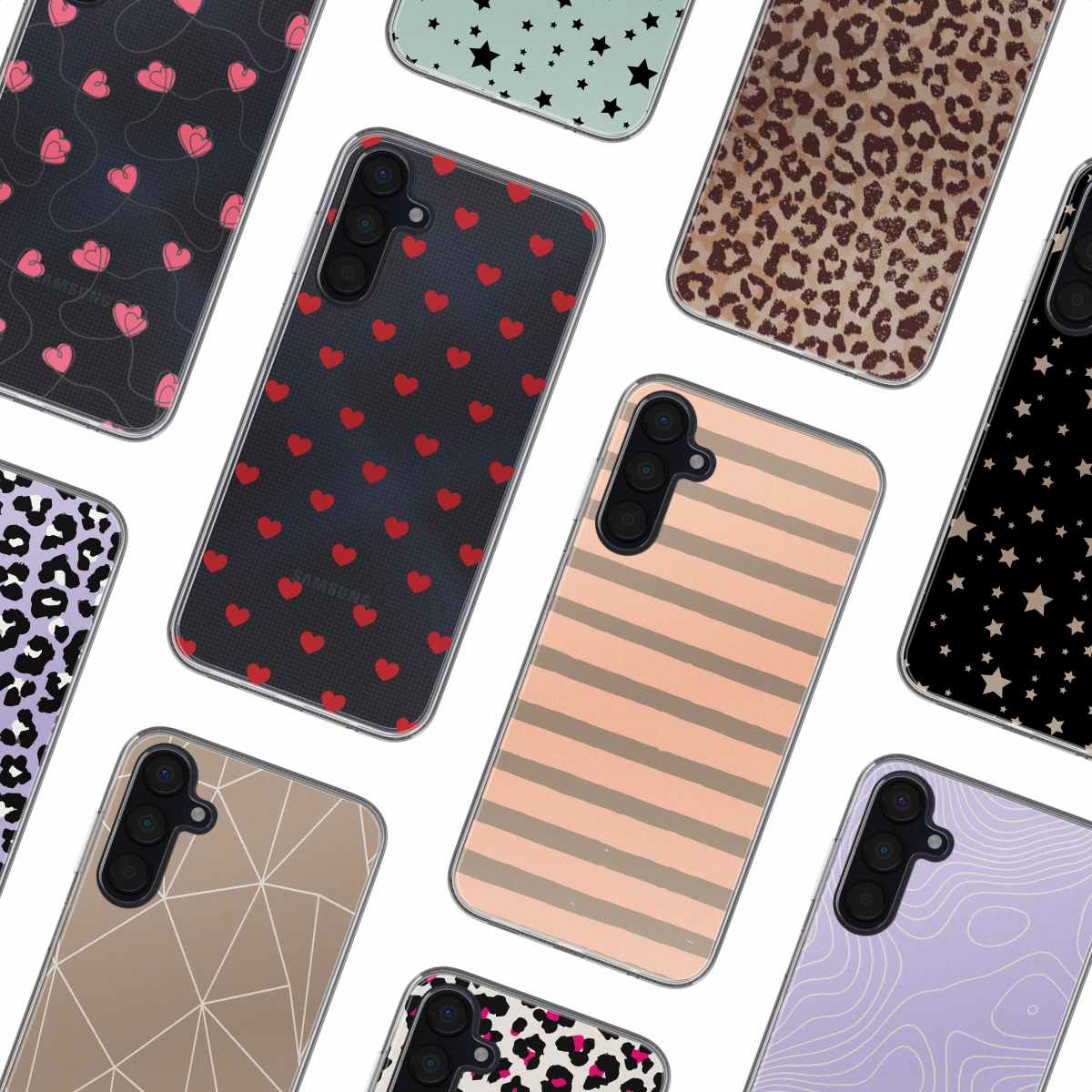 Un éventail de coques de téléphone, chacune avec un motif unique, comprenant des cœurs, des étoiles, des rayures et des imprimés animaliers.