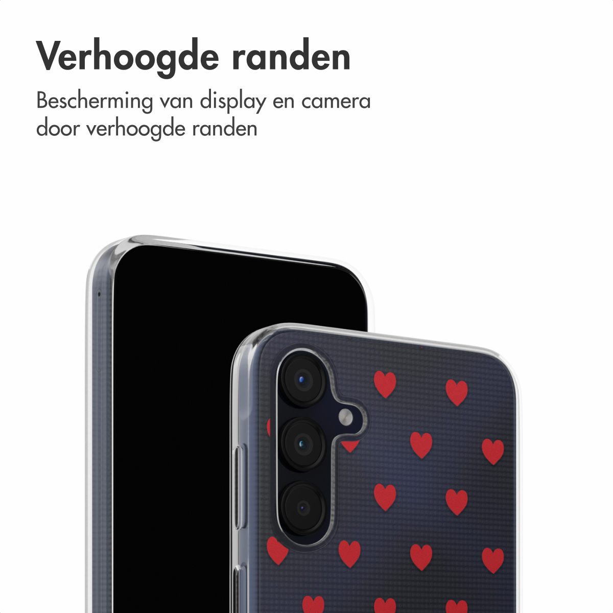 Un téléphone avec une coque de cœurs rouges, montrant les bords du téléphone.