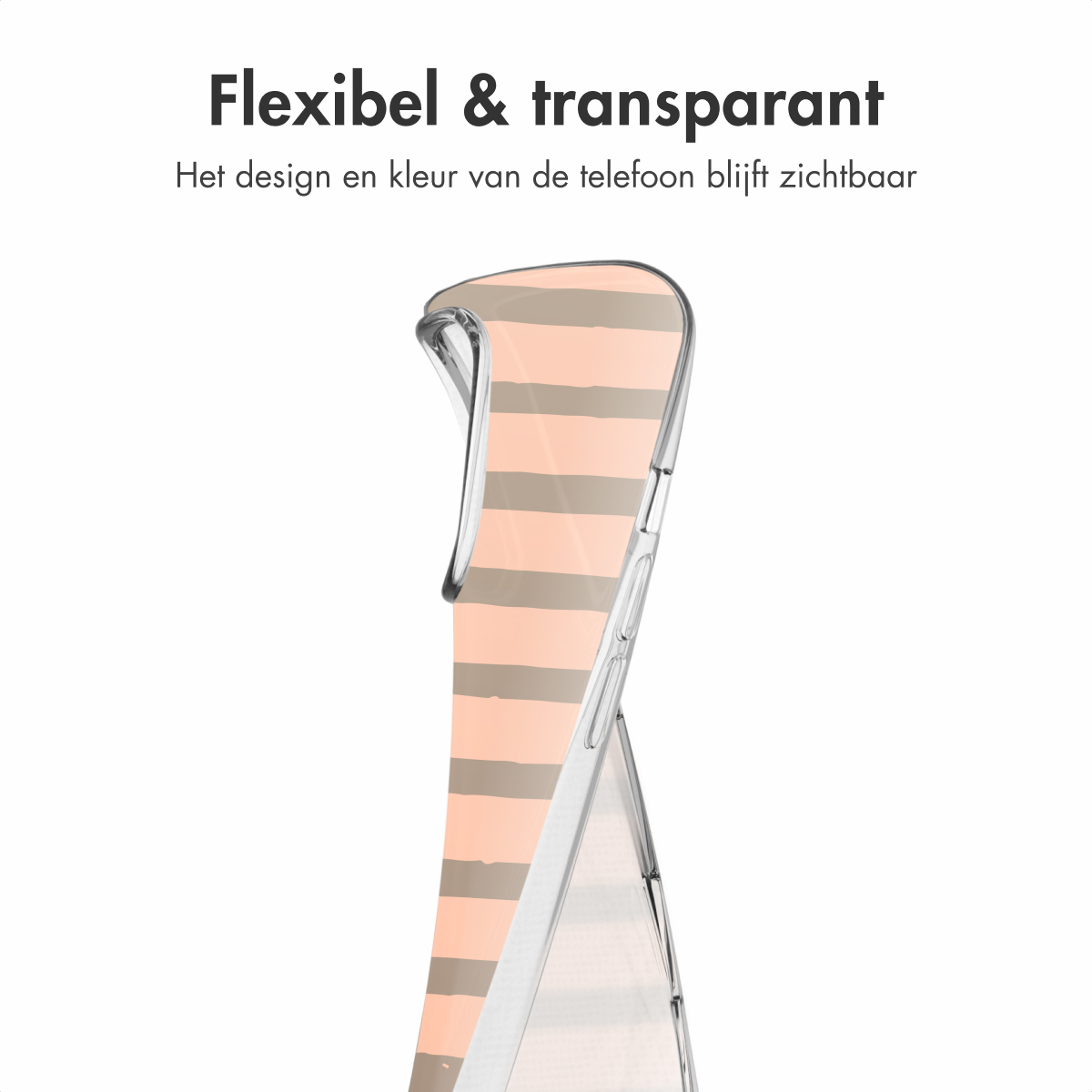 Transparante telefoonhoes met een perzik- en grijs gestreept ontwerp.
