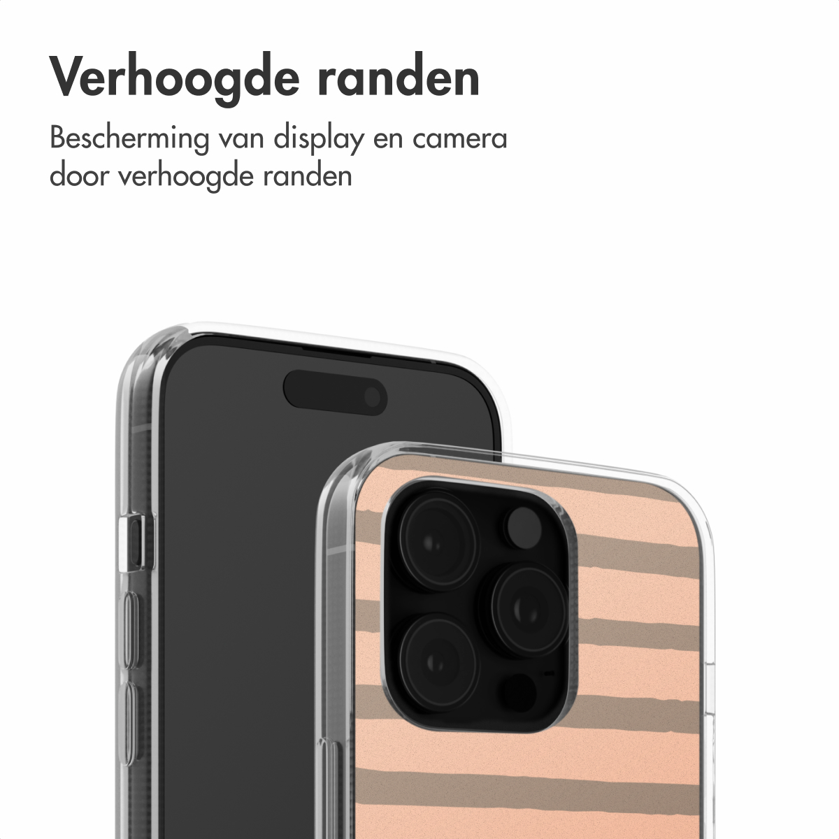 Twee telefoons in beschermende hoesjes. Een telefoon met een doorzichtige hoes en roze-bruine strepen, en een zwarte telefoon.