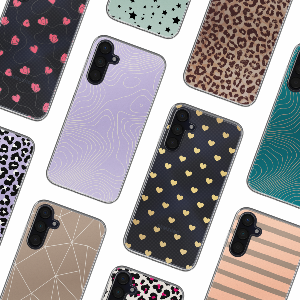 Une collection de coques de téléphone avec différents motifs et designs.
