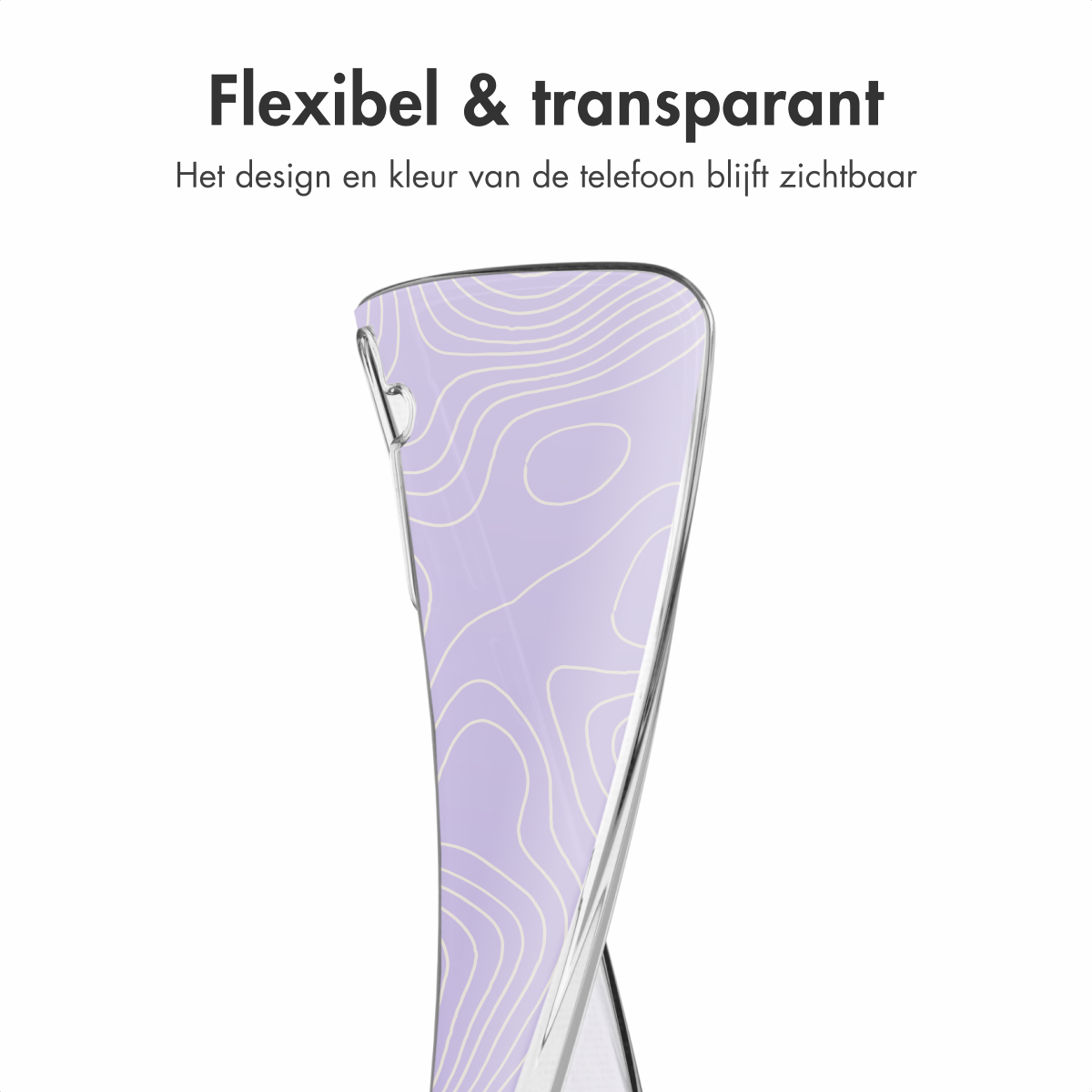 Coque transparente avec un design violet et blanc, montrant le téléphone.