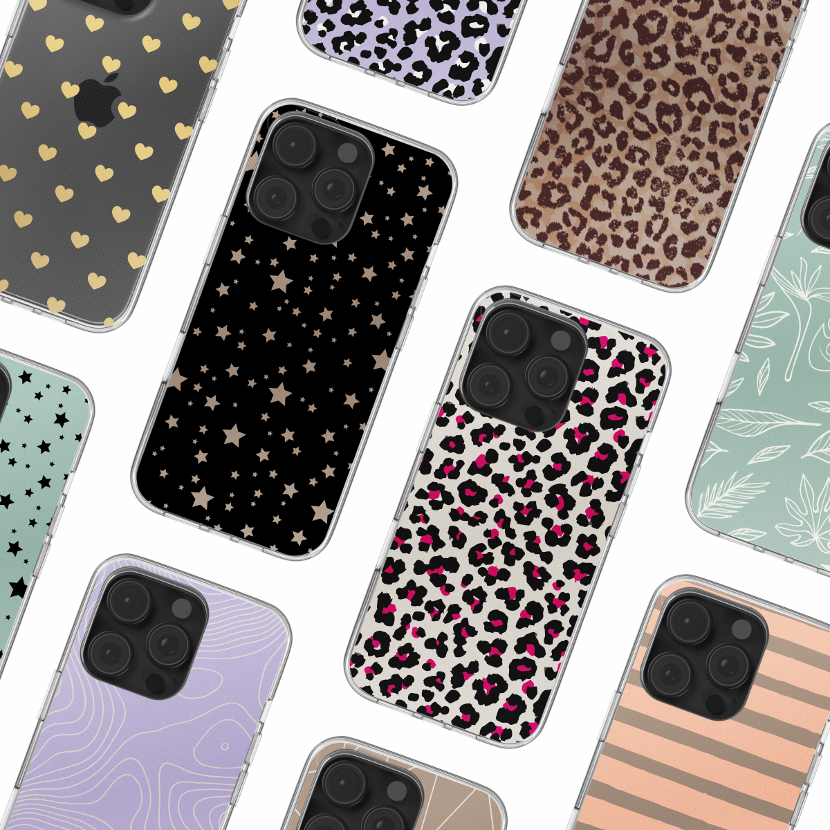 Verscheidenheid aan telefoonhoesjes met verschillende patronen, waaronder harten, sterren en luipaardprint.