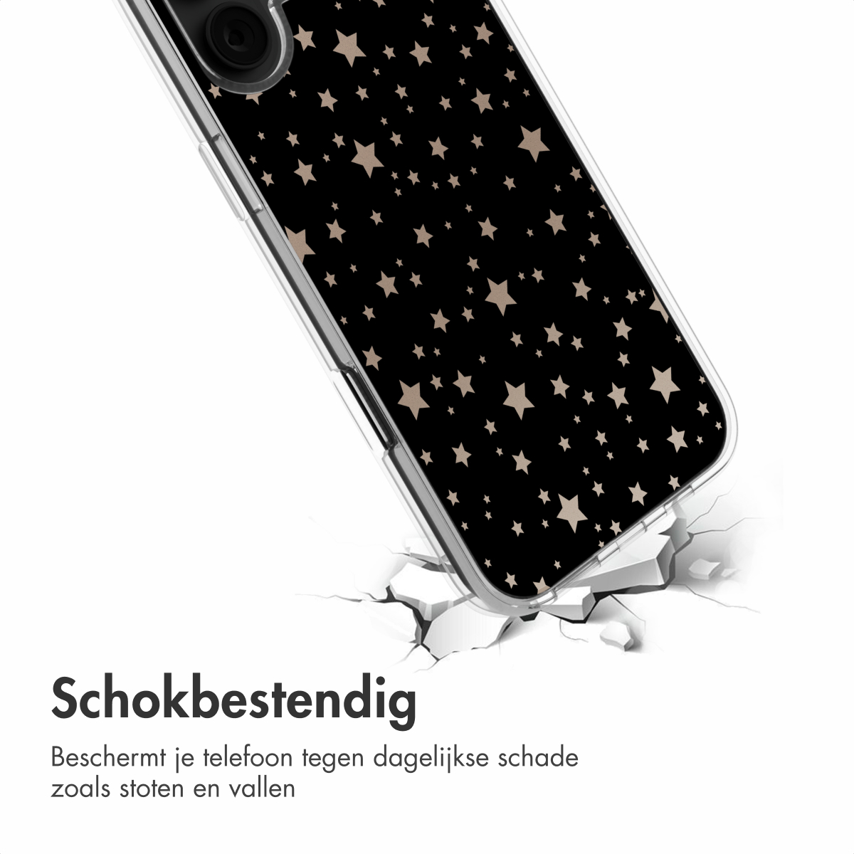 Een telefoonhoesje met een sterrenpatroon wordt getoond. Het valt en scheurt het oppervlak eronder.