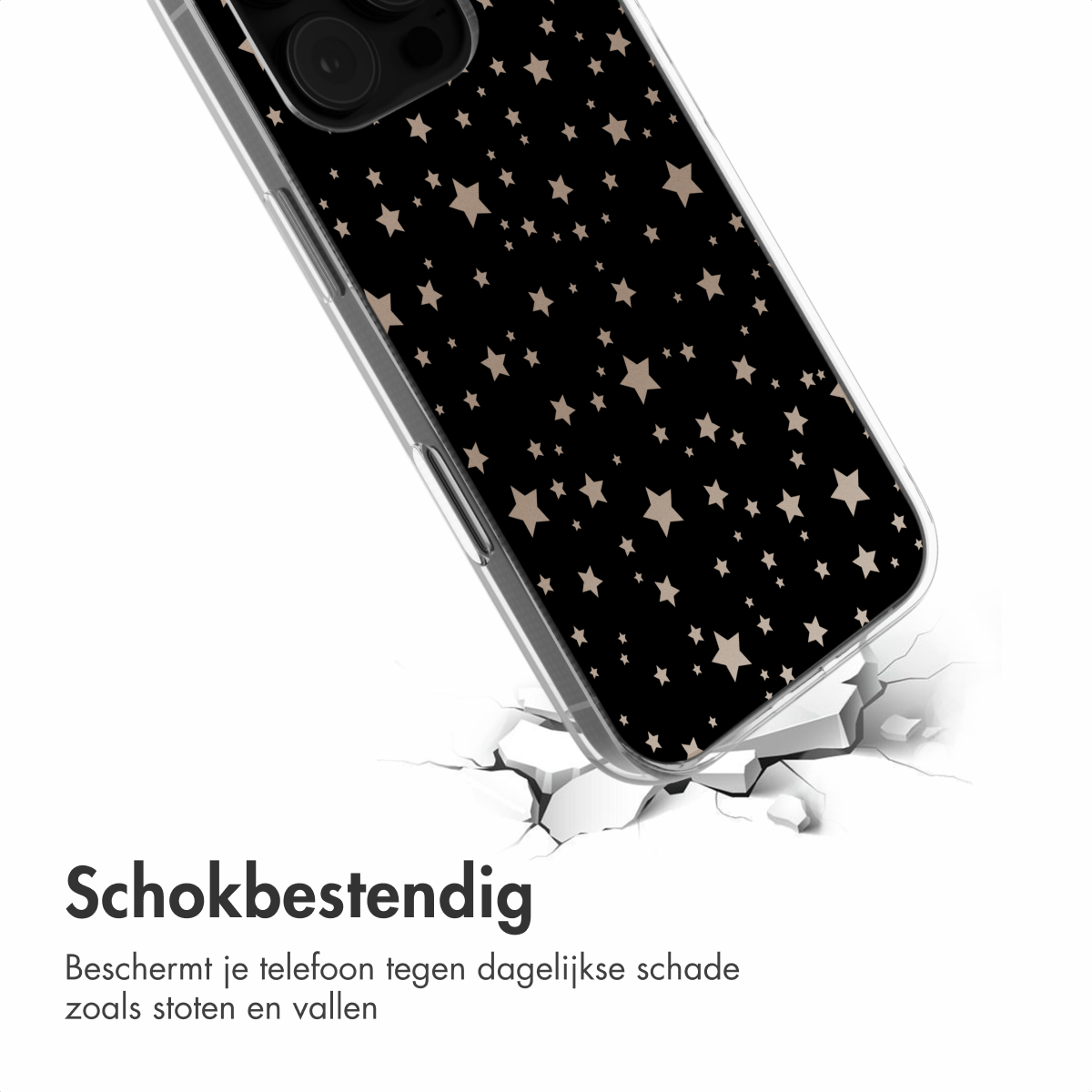 Telefoonhoesje met zwarte achtergrond en beige sterren. De hoes ligt op een wit oppervlak met scheuren.