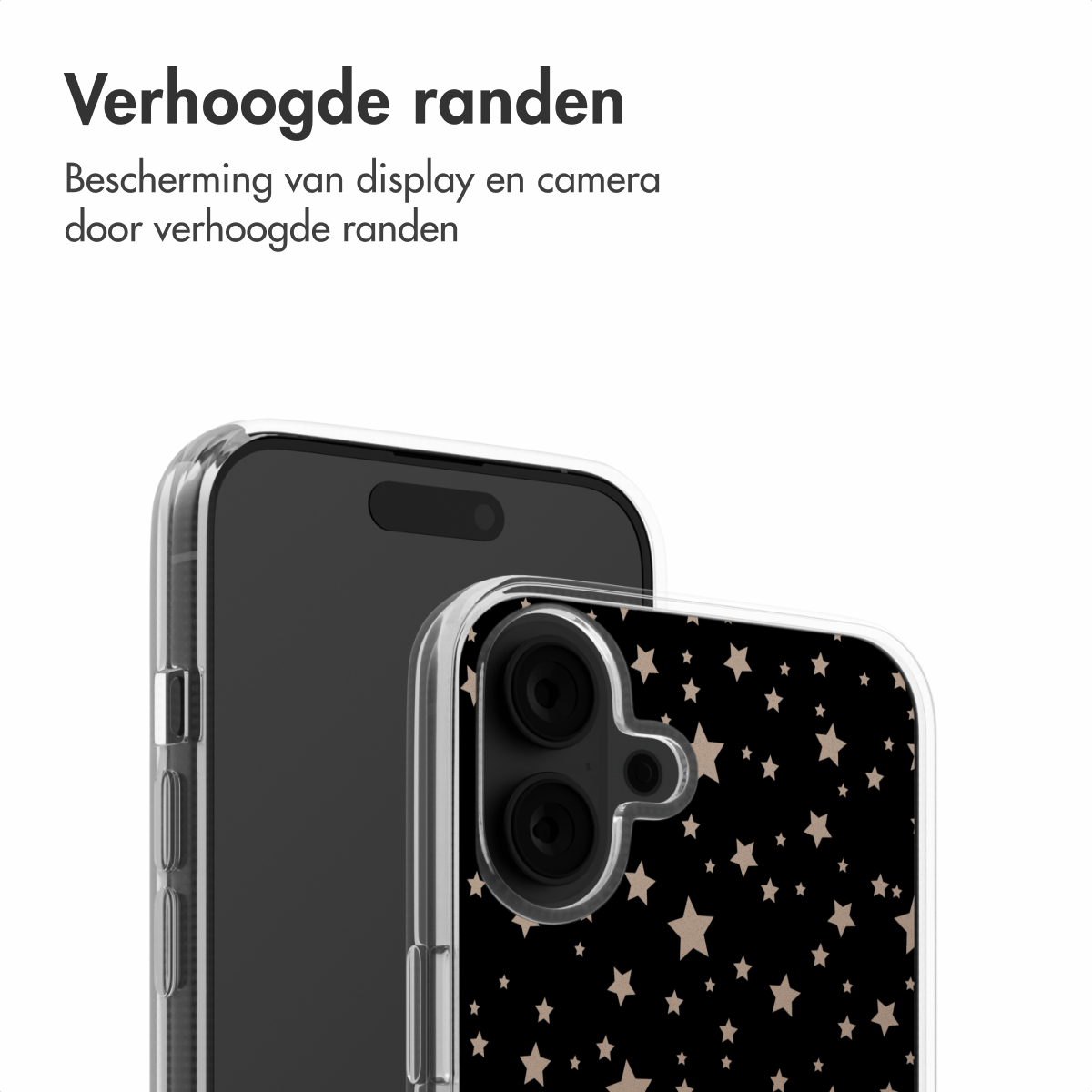 Twee telefoons in hoesjes, zwart en transparant, met sterrenpatroon. Tekst over scherm- en camerabescherming.
