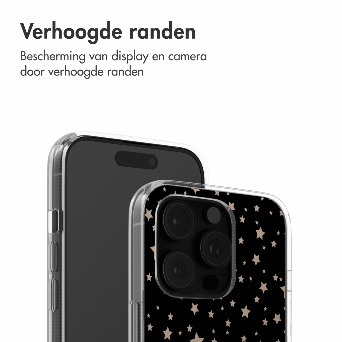 Twee telefoonhoesjes, één transparant met een telefoon, de andere met een zwarte basis en witte sterren.
