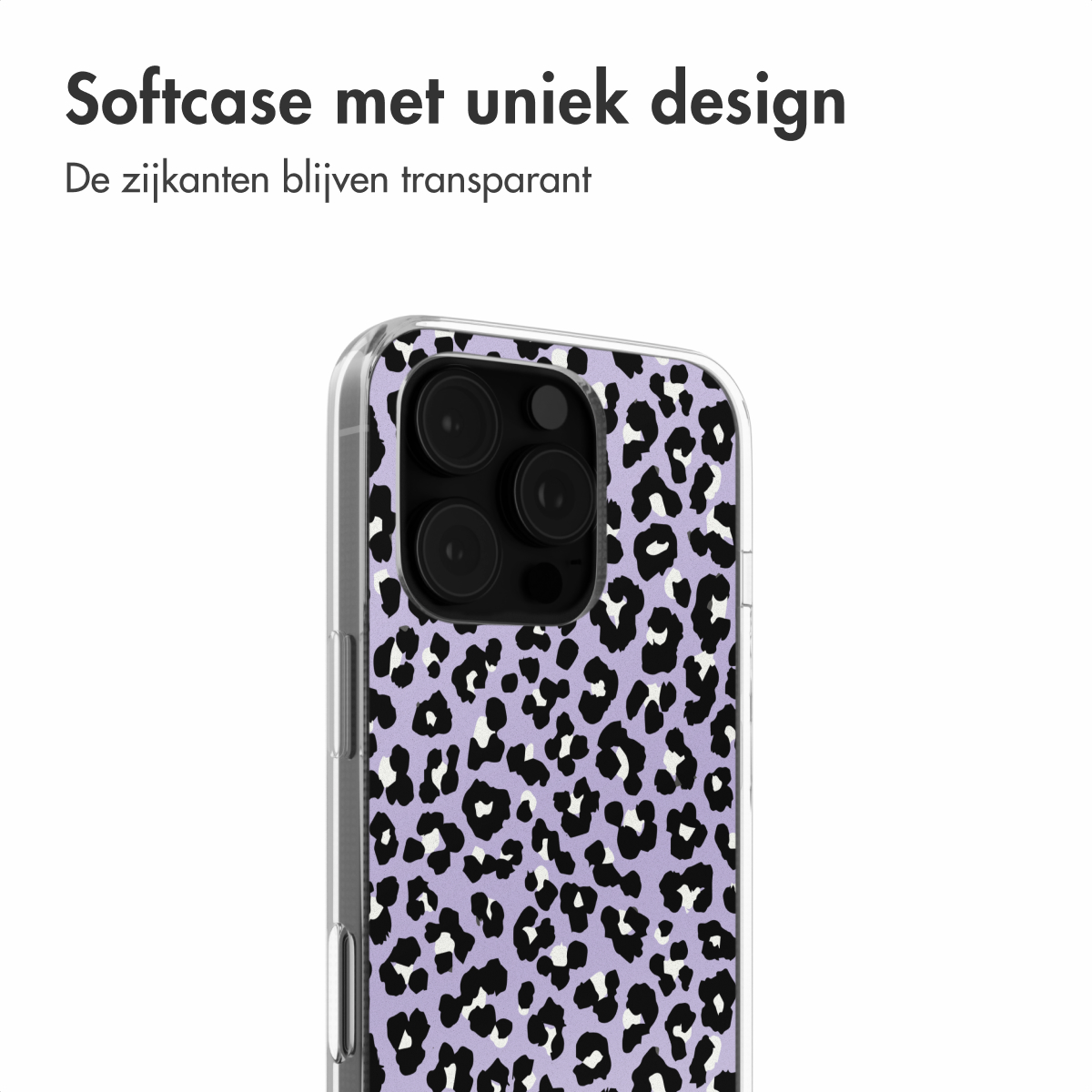 Telefoonhoesje met een luipaardprint op een paarse achtergrond, met een transparante zijkant.