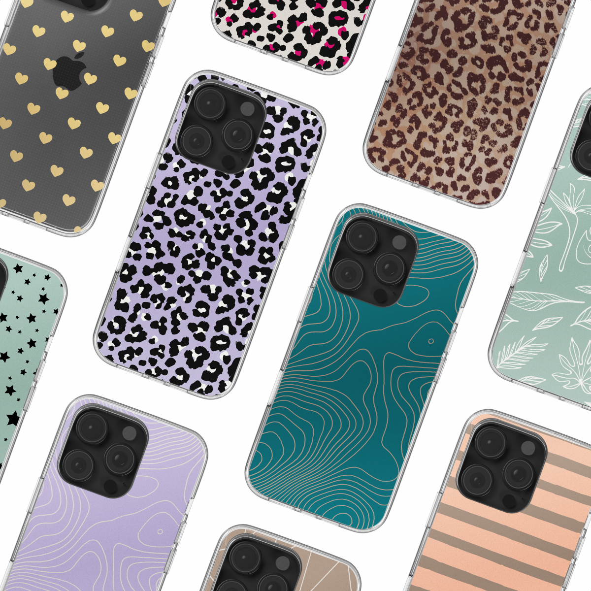 Verschillende telefoonhoesjes met verschillende patronen gerangschikt op een witte achtergrond.