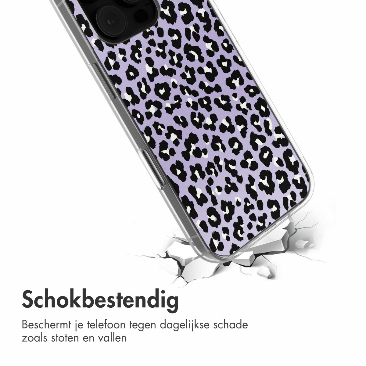 Telefoonhoesje met luipaardprint, gebarsten grond eronder.