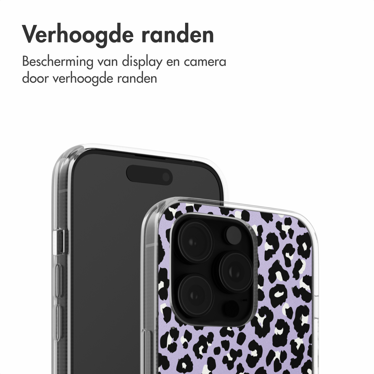 Een smartphone in een hoesje met een paarse luipaardprint, op een witte achtergrond.