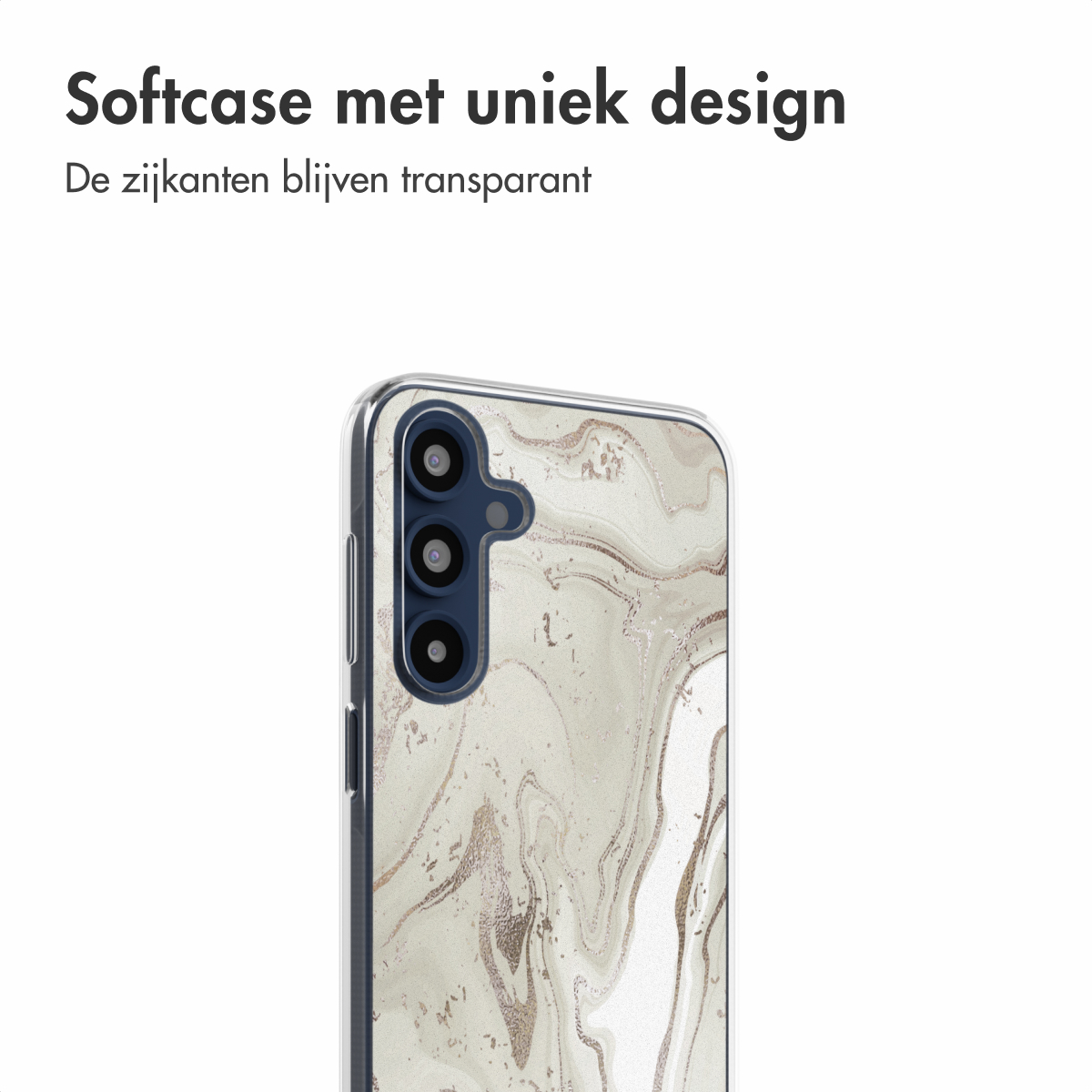 Een telefoonhoesje met een marmerontwerp, met een transparante zijkant.
