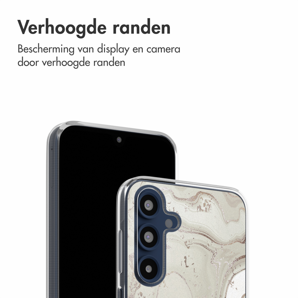 Een telefoon met een hoesje met marmerdesign en een zwart scherm. De hoes is transparant.