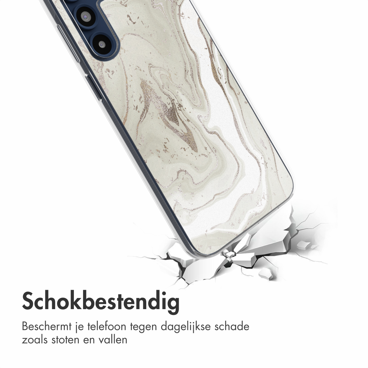 Telefoonhoes die valt, de grond barst. Marmer ontwerp in grijs en goud. Tekst: Schokbestendig.
