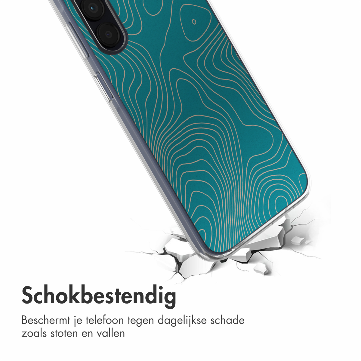 Coque de téléphone avec motif topographique, cassant une surface, montrant sa résistance aux chocs.