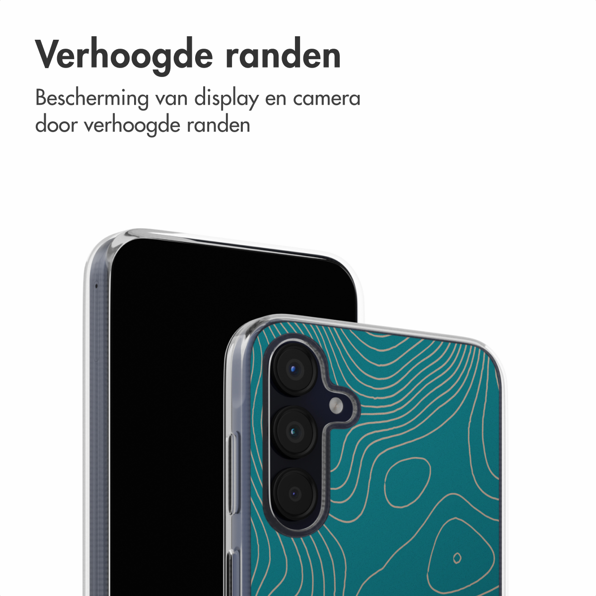 Téléphone avec coque design topographique sarcelle et beige et écran noir. Coque transparente.
