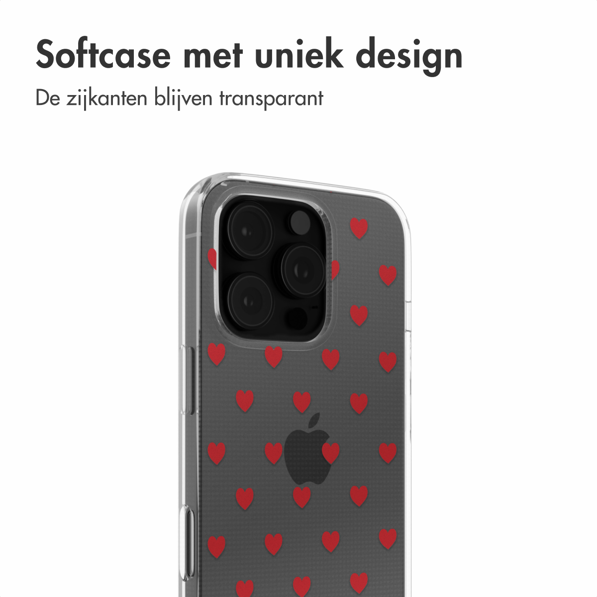 Transparante telefoonhoes met een patroon van kleine rode hartjes op een grijze achtergrond.
