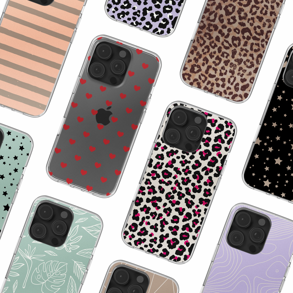 Negen telefoonhoesjes met gevarieerde patronen, waaronder harten, luipaardprint, strepen en bloemmotieven.
