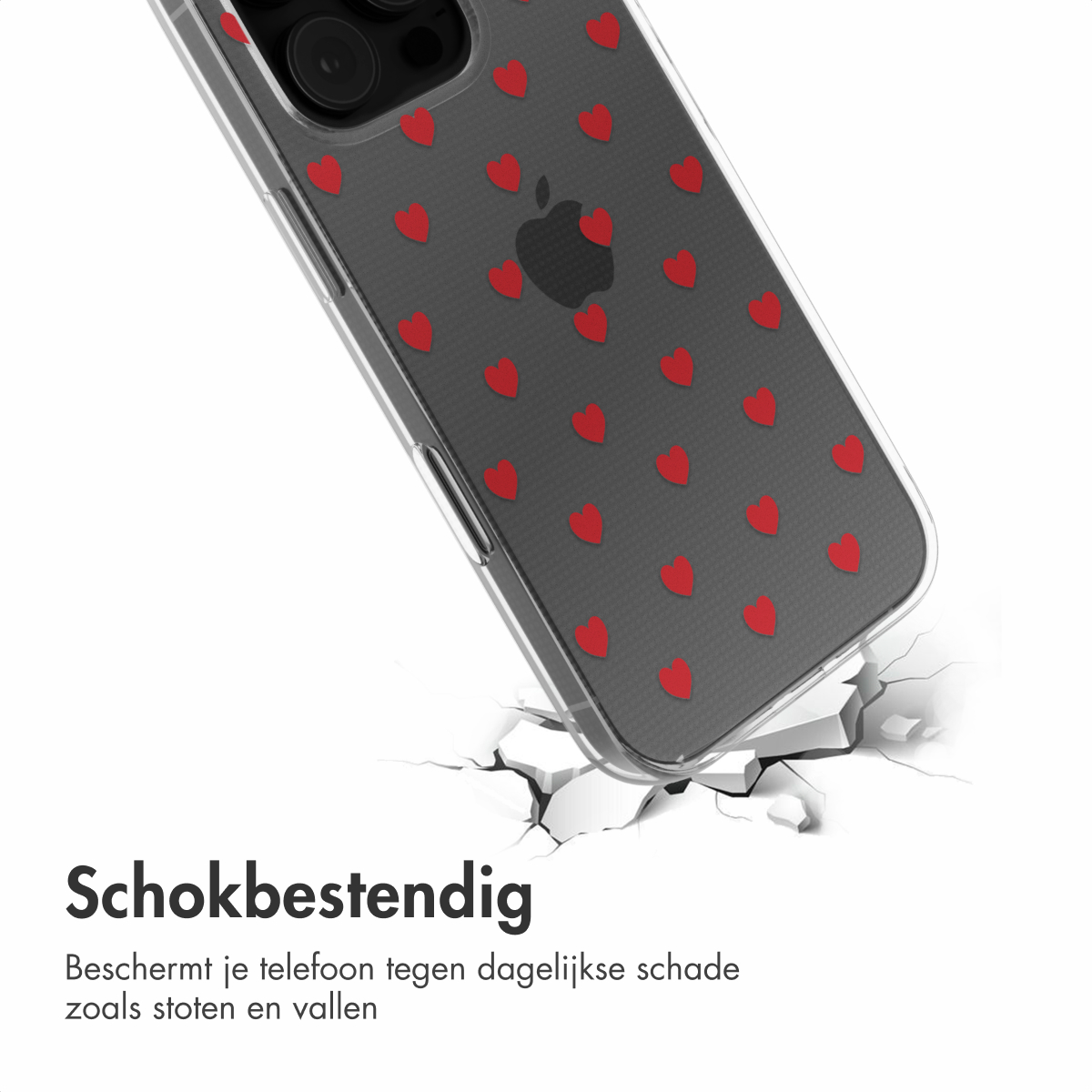 Telefoonhoesje met rode harten op een gebarsten oppervlak. Tekst: Schokbestendig.