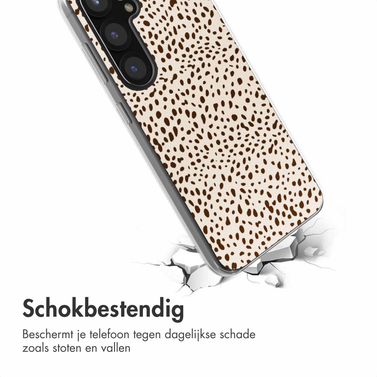 Telefoonhoesje met beige achtergrond en bruine stippen. Het valt en breekt de grond.