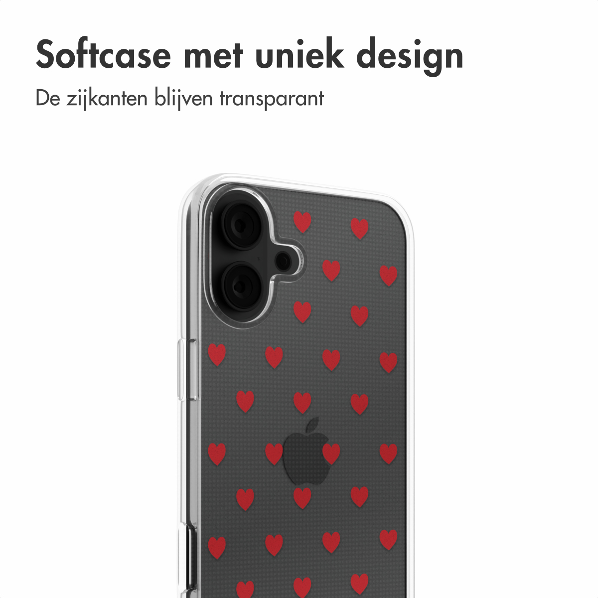 Een transparante telefoonhoes met rode harten op een zwarte achtergrond.