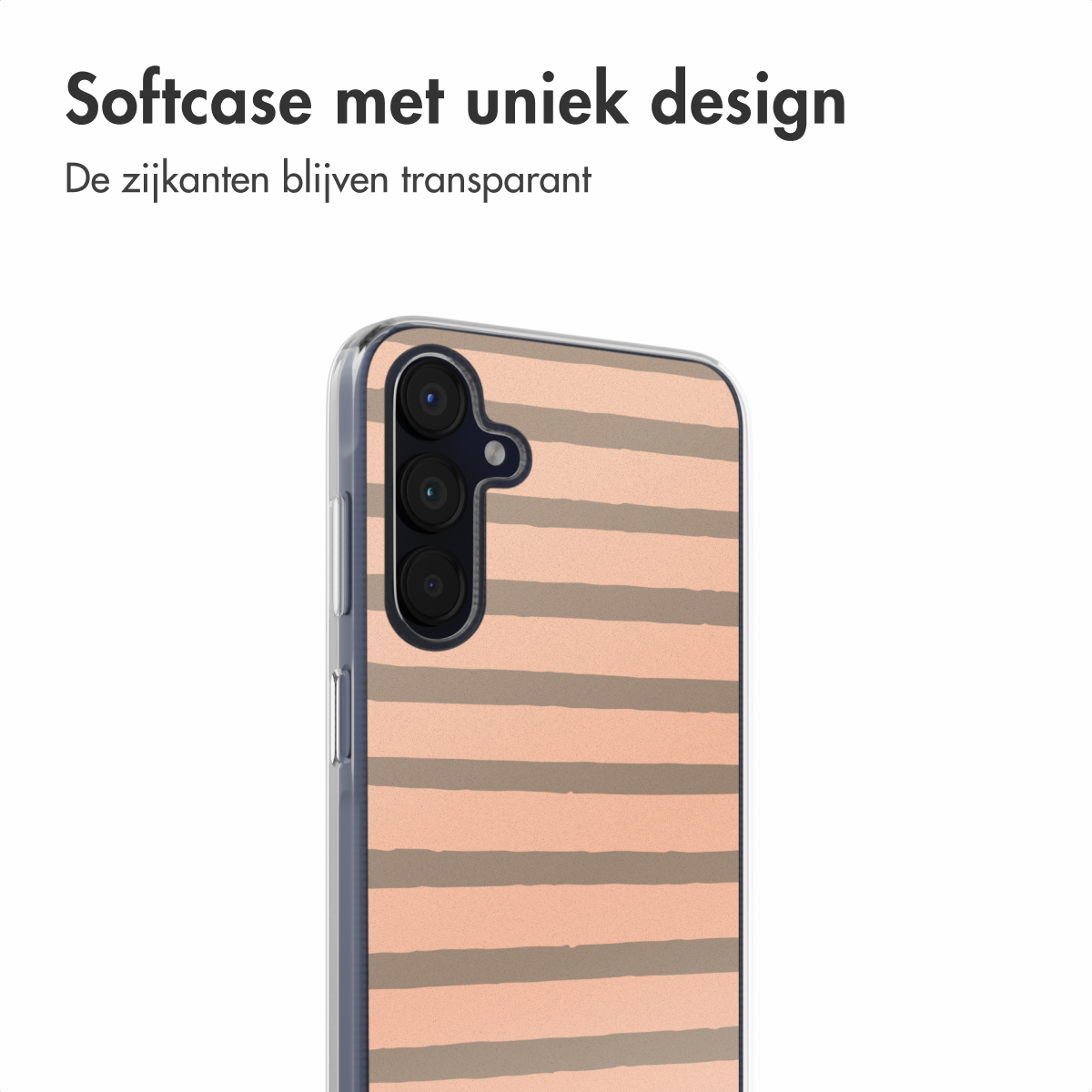 Une coque de téléphone avec un fond pêche et des rayures horizontales grises.