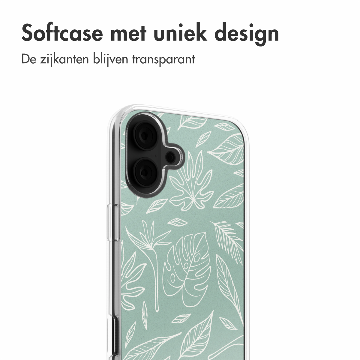 Transparante telefoonhoes met een bladmotief op een mintgroene achtergrond. De hoes zit op een telefoon.