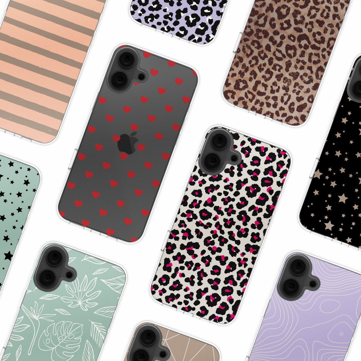 Verscheidenheid aan telefoonhoesjes met verschillende patronen, waaronder harten, sterren en luipaardprint.