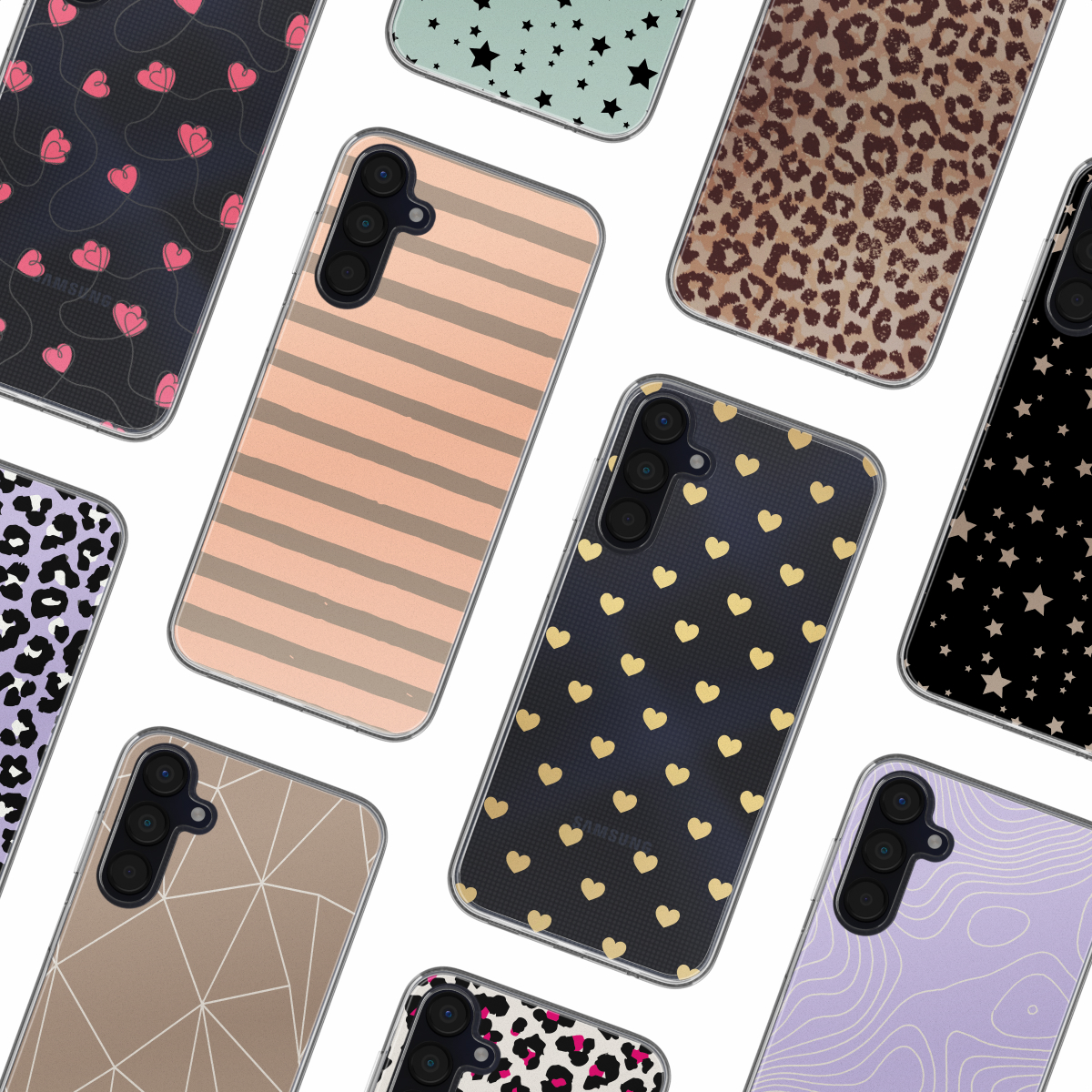 De nombreux étuis de téléphone avec divers motifs, dont des cœurs, des rayures et des motifs géométriques.