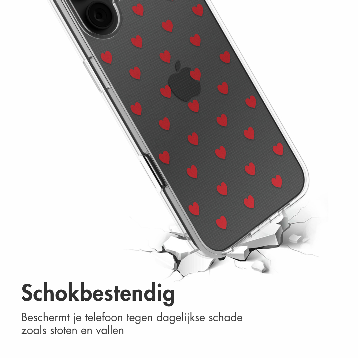 Een telefoonhoesje met rode harten is gebarsten op een wit oppervlak.
