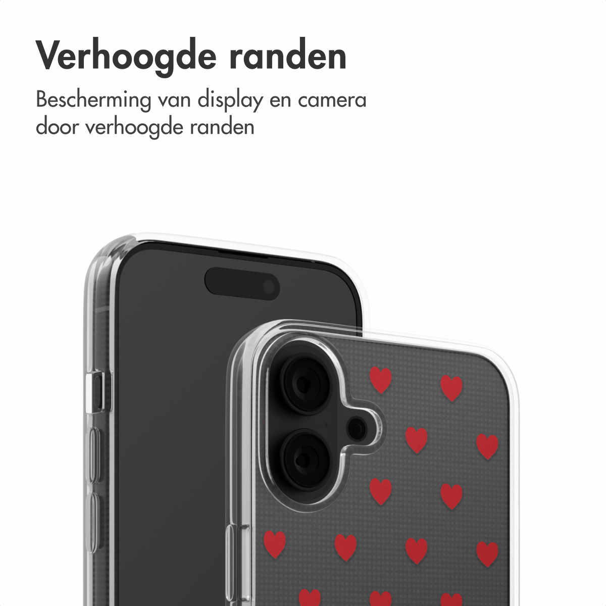 Twee telefoons in hoesjes. Eén is zwart, de ander heeft rode harten. Tekst benadrukt verhoogde randen.