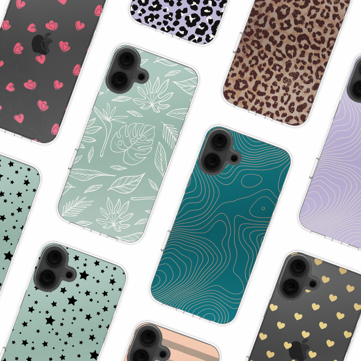 Assortiment telefoonhoesjes, diverse ontwerpen zoals harten, sterren en patronen.