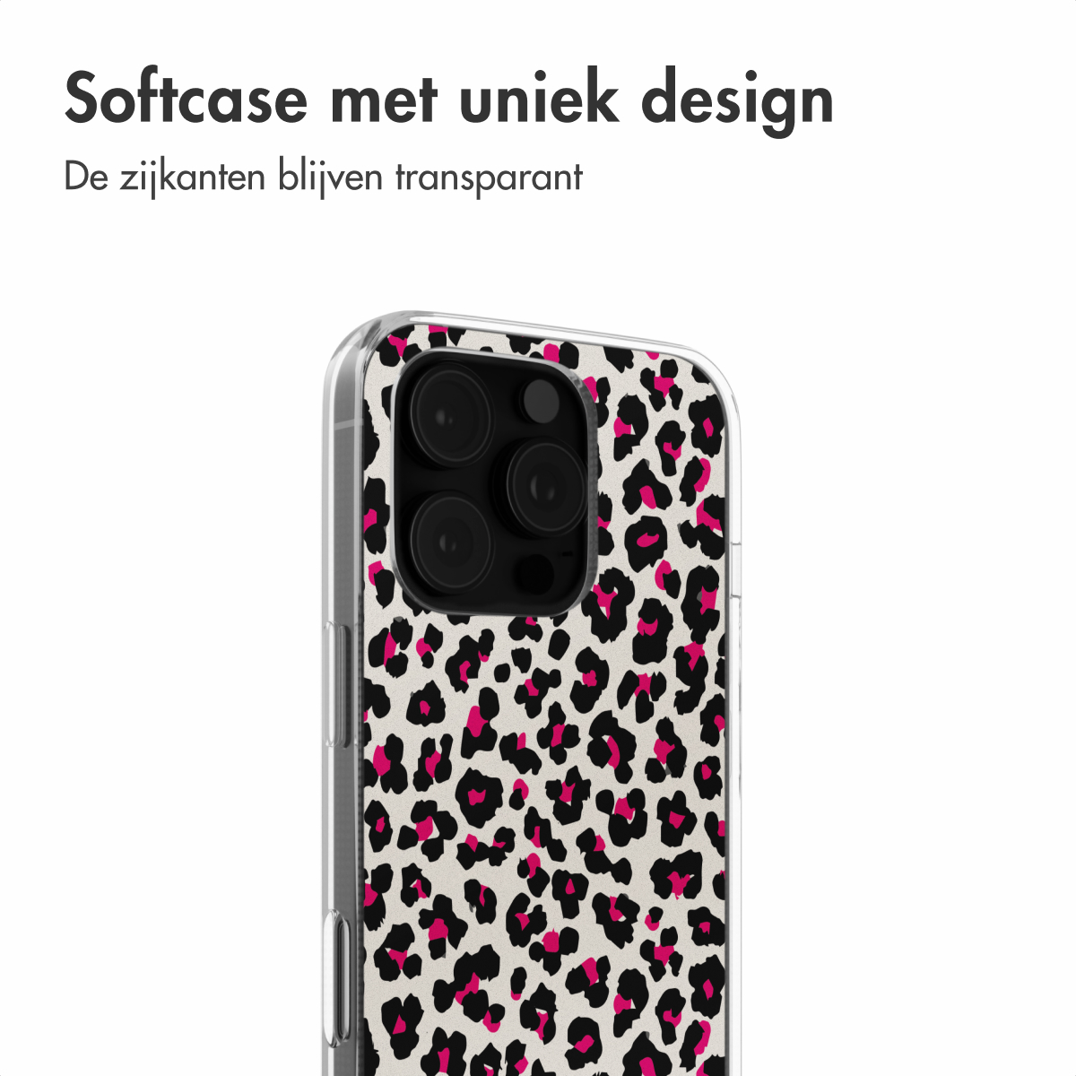 Transparante telefoonhoes met luipaardprint, witte achtergrond.