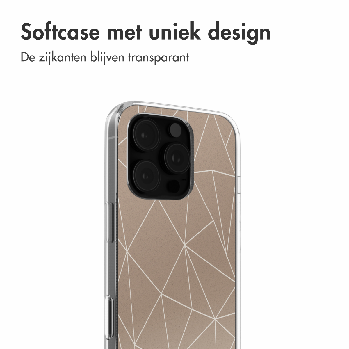Transparante telefoonhoes met bruin geometrisch patroon.
