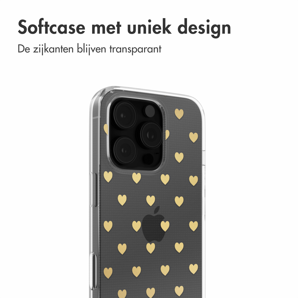 Close-up van een telefoonhoesje met zwarte achtergrond en gouden hartjespatroon.